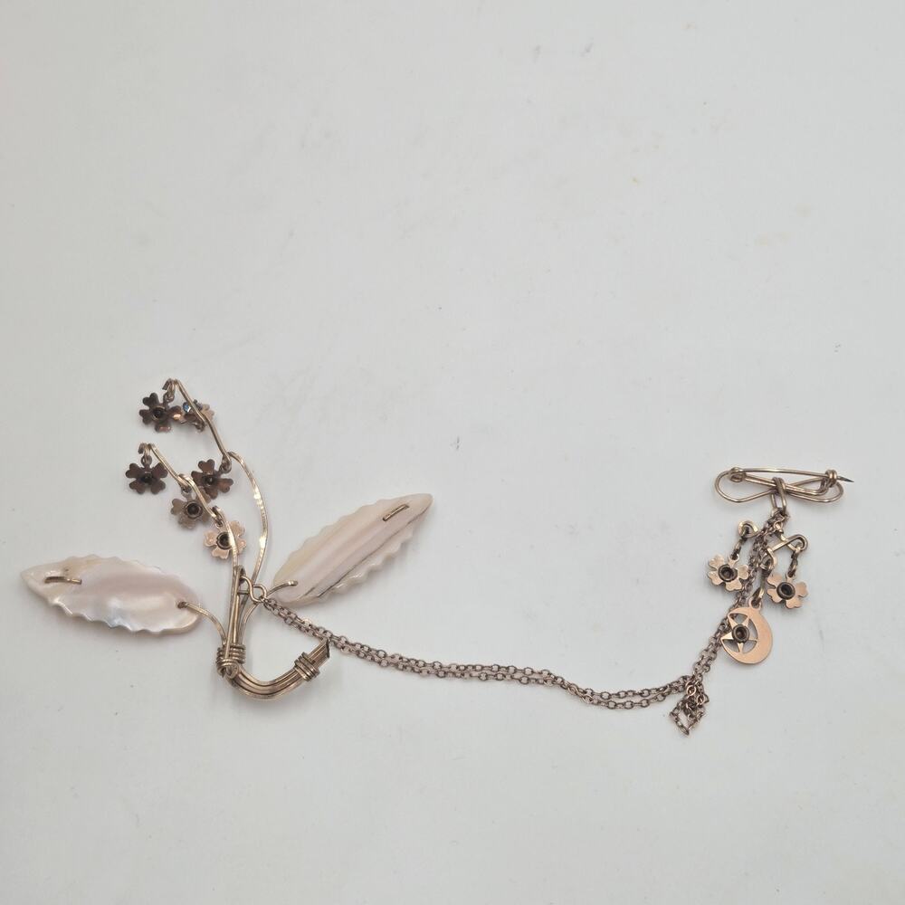 Victorian Antique Chain Brooch Gold Filled Moon Flowers Blue Topaz Glass Unique - Picture 4 of 8